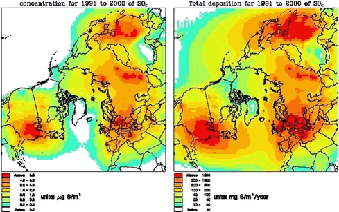 Figure 1.3.2 The mean concentrations for the surface layer of SOX in µg S/m3 (left) and the total deposition of SOX in mg S/m2/year (right) 