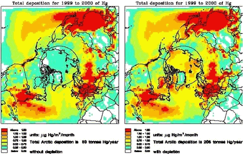 Figure 1.3.12. The total deposition of mercury without Arctic mercury depletion (left) and with (right) in µg Hg/m2/month.