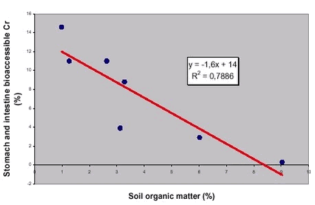 Figure 7.2 Correlation between stomach and intestine bioaccessible chromium and soil organic matter /95/