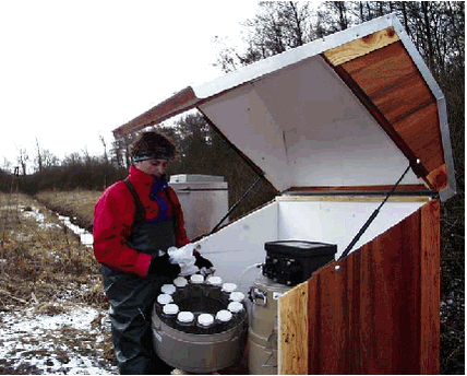 Photo 3.1. ISCO-sampler in sampling house at stream monitoring station in the Odderbæk catchment. 