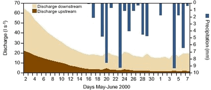 Figure 10.1 Daily precipitation and daily mean discharge at the upstream and downstream station in the Lillebæk catchment during the investigated period in May and early June 2000. Note that precipitation is plotted as a diurnal sum from 8 a.m. to 8 a.m the following day.