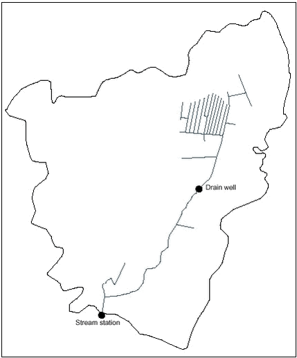 Figure 2.4: The catchment area of Odderbæk stream. The monitoring stations in the stream and the monitoring station at the outlet of the tile drainage to the stream are indicated on the map.