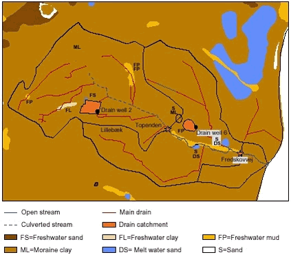 Figure 2.3. Surface geology up to one metre in depth of the catchment area of Lillebæk. Moraine clay is the dominant surface geology.
