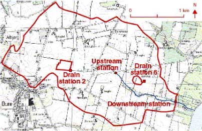 Figure 1.2 Lillebæk catchment, including 2 drain stations and 2 stream stations.