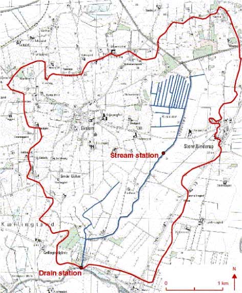 Figure 1.3 Map showing the Odder Bæk catchment with the stream and drain monitoring stations.