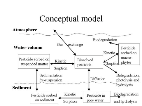 Figure 2.3 Conceptual drawing of transmission and transport processes for pesticides operating in streams and ponds.