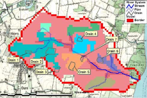 Figure 3.10 Stream system in Lillebæk. Different drain areas are connected – these are marked with different colours. Drain 1-7 are small drain areas, where drainflow is measured.