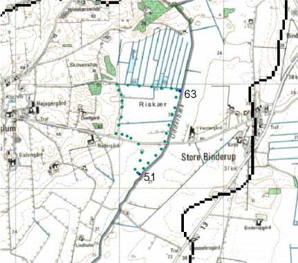 Figure 3.11 Location of the originally assumed drainage catchment and the drain station (51) in Odder bæk catchment. The assumed drainage area is delineated by the spots.