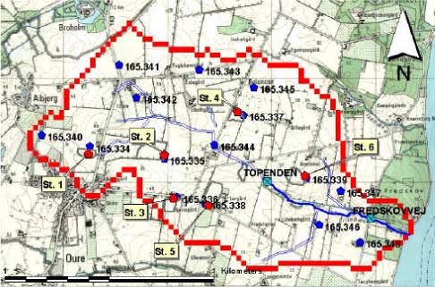 Figure 4.1 Location of measurement stations in Lillebæk - head elevation wells (blue petagons), flow measurement stations (crossed squares) and drainflow stations (St. 1-6).