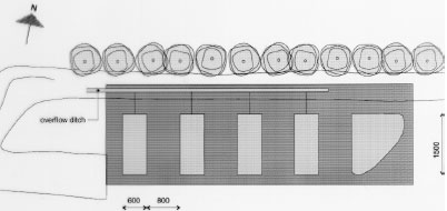 Figure 5.1 Overview of the experimental site at NERI, Roskilde, including 4 ponds and a reservoir. All measures are in cm. The ponds are numbered from 1 to 4, number 1 being next to the reservoir.