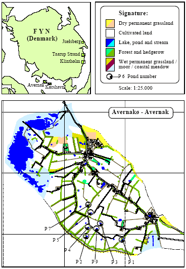 Figure 2.1 Overview of localities. Location of ponds on Avernakø (P1-P7, P9)