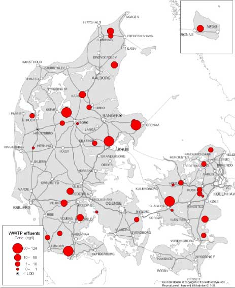Figure 2 Map of the localisation of the WWTPs with indication of the estrogenic activity in their effluents. For the 12 WWTPs where more than one effluent sample were taken, the mean concentration has been used for the map. Based on results in ng E2 equivalents/L from total estrogenic activity measured in the YES assay.