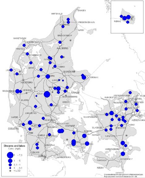 Figure 3 Overview of estrogenic activity in Danish streams and lakes. For the locations where more than one sample have been taken, the mean concentration has been used for the map. Based on results in ng E2 equivalents/L from total estrogenic activity measured in the YES assay.