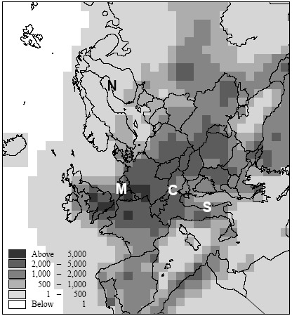 Figure 7.12. The increase of exposure accumulated (in person µg m<sup>-3</sup>) over the total receiving area (from 10km to several hundred to thousand kilometres) posed by a release of one gram emission hydrogen chloride at 25m in the source grid-square. The mean is 2,460 person µg m<sup>-3</sup>, the standard deviation is 1600 person µg m<sup>-3</sup> (both weighted for population density). The accumulated exposure is attributed to the respective source grid-square. The increase in accumulated exposure from a release at 150m can be obtained by multiplying with a factor 1.30 (s.d. 0.02). The accumulated exposure increase from a release at 1m can be obtained by multiplying with a factor 0.89 (s.d. 0.04)