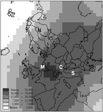 Figure 7.13. The increase of exposure accumulated (in person µg m<sup>-3</sup>) over the total receiving area (from 10km to several hundred to thousand kilometres) posed by a release of one gram benzene at 25m in the source grid-square. The mean is 50,000 person µg m<sup>-3</sup>, and the standard deviation is 33,000 person µg m<sup>-3</sup> (both weighted for population density). The exposure increase is extrapolated to transport distances where all benzene is removed from the atmosphere (see Annex). The accumulated exposure is attributed to the respective source grid-square.