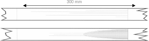 Figure 6.3 Strips reduced in strip reduction from left to right. In the top is seen some scratches in the strip. In the bottom the scratches have developed to a wide band (marked with a grey area) 