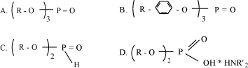 Fig. 7.3 Molecular structures for some of the groups of phosphorous compounds used as extreme pressure additives in metal forming lubricants. A. Trialkyl phosphate B. Triaryl phosphate C. Dialkyl phosphate D. Amine phosphate