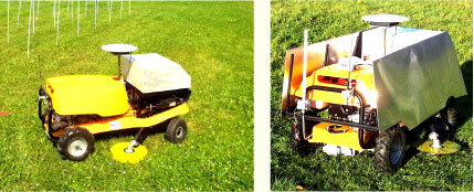 Fig. 4.2. The experimental, autonomous Christmas tree weeder configured with the power unit at the rear end, the control system at the front, the GPS antenna in the middle and the rotary cutter unit between the axles below the chassis. On the picture to the left the vehicle is shown next to the model plantation at campus where the Christmas tree positions were indicated by ground fixed, white plastic tubes. For weeding in the real Christmas tree test plantation the vehicle was shielded with side screens in order to minimise tree damage (right).