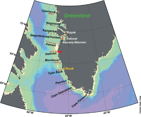 FIGURE 8.2 STANDARD HYDROGRAPHIC SECTIONS OFF THE WEST COAST OF GREENLAND. SOUTHERN STATIONS – INCLUDING SISIMIUT – ARE OPERATED BY DMI, WHILE NORTHERN STATIONS ARE OPERATED BY THE GREENLAND NATURE INSTITUTE.