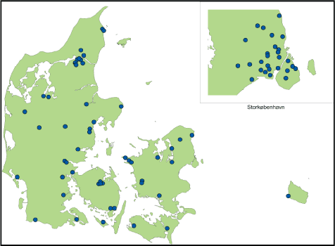 FIGRUE H-4: DMI’S NETWORK OF AUTOMATIC PRECIPITATION INTENSITY STATIONS (DETAILED FOR COPENHAGEN)