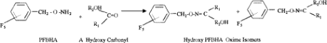 Figure 6. Reaction schemes for derivatisation of hydroxycarbonyls with PFBHA and for further derivatisation of the oxim formed with BSTFA. (Spaulding et al. 1999). The last step did not work for dihydroxyacetone.