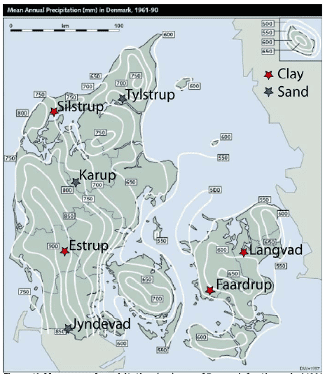 Figure 12. Mean annual precipitation (mm) map of Denmark for the period 1961-1990 (Frich et al., 1997) with the location of the Danish sand scenarios (Karup, Tylstrup and Jyndevad) and clay scenarios (Langvad, Silstrup, Estrup, and Faardrup).