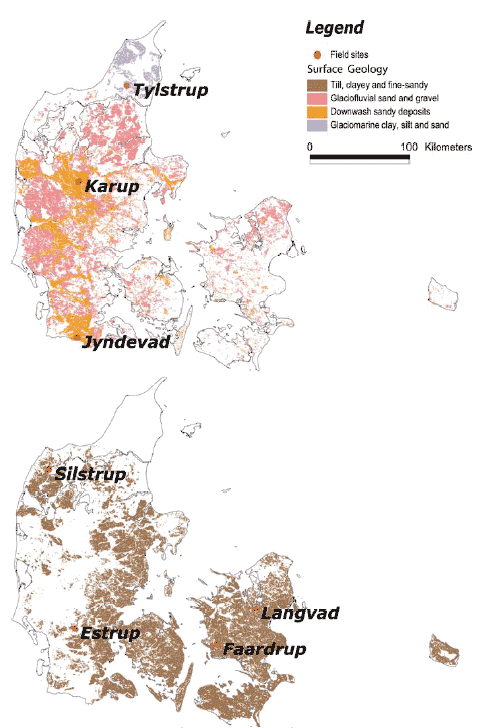 Figure 13. Representative surface geology maps for respectively the Danish sand scenarios (Karup, Tylstrup and Jyndevad) and clay scenarios (Langvad, Silstrup, Estrup, and Faardrup) included in this work. These maps are based on the Geological Survey of Denmark and Greenland’ digital map of the surface geology of Denmark, 1:25.000 (see www.geus.dk