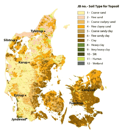 Figure 14. The Danish Institute of Agricultural Sciences’ nationwide topsoil property map of Denmark. The map is based on the texture classes (JB-numbers) of the Danish Soil Classification (Greve et al., 2005).