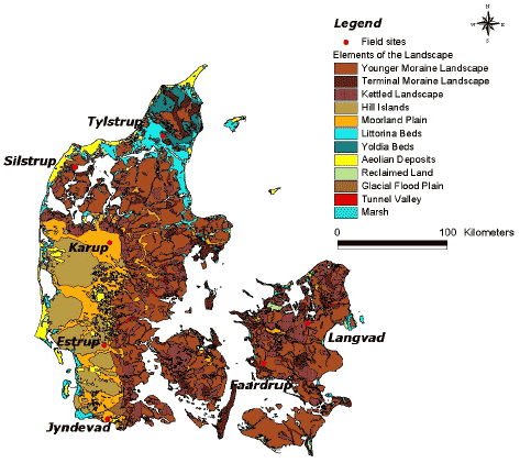 Figure 15. The Danish Institute of Agricultural Sciences’ map on Element of the landscape added locations of Danish sites representing the scenarios: Karup, Tylstrup, Jyndevad, Langvad, Silstrup, Estrup, and Faardrup.