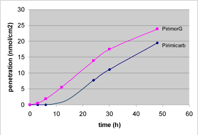 Figure 16: Penetration of PirimorG and the active substance pirimicarb. PirimorG as well as pirimicarb were applied in the donor chamber in a pirimicarb concentration of 0.2 mM. The points represent a mean of 9-11 single data values.