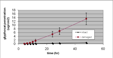Figure 21. In vitro percutaneous penetration of glyphosate through intact and slightly damaged human skin. A total amount of 424 µg (4 mg/ml) was added to the donor chamber and penetration followed for 48 h. Results are presented as mean ± SEM (n = 13–14 per group)