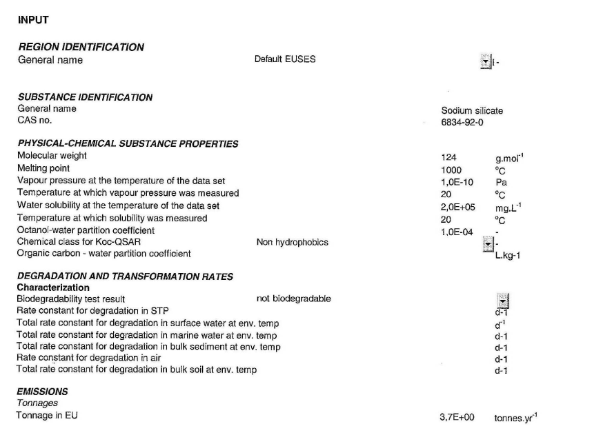 Input data and output data for the estimations of PEC in the EU TGD 2003 Risk Assessment Spreadsheet Model (2007)