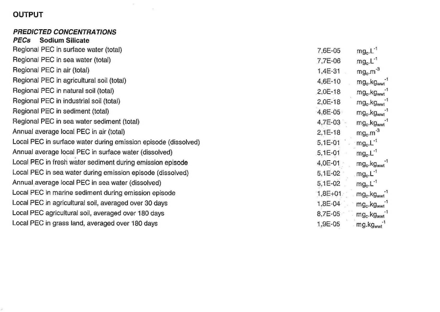 Input data and output data for the estimations of PEC in the EU TGD 2003 Risk Assessment Spreadsheet Model (2007)