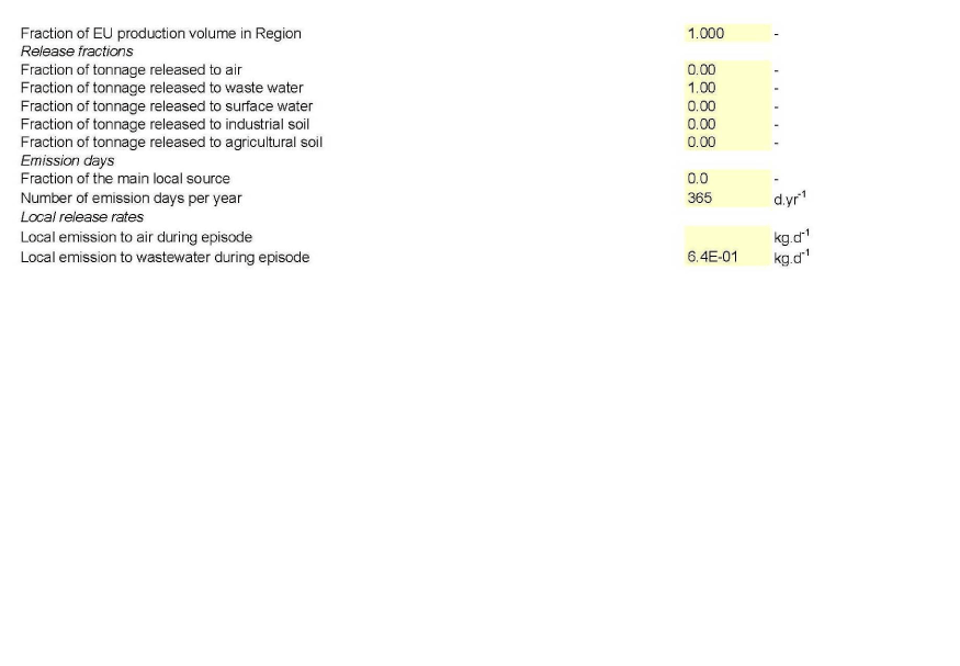 Input data and output data for the estimations of PEC in the EU TGD 2003 Risk Assessment Spreadsheet Model (2007)