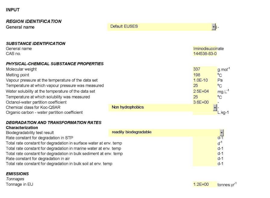 Input data and output data for the estimations of PEC in the EU TGD 2003 Risk Assessment Spreadsheet Model (2007)