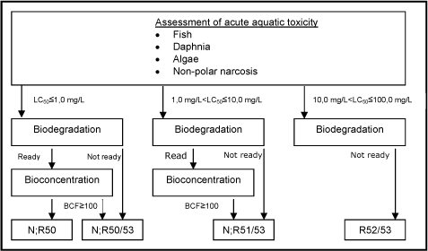 Figure 8: Schematic diagram illustrating the systematic evaluation applied to assign advisory classifications for danger to the aquatic environment.