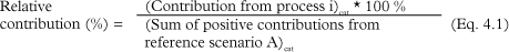 Eq. 4.1: Relative contribution (%) = (Contribution from process i)cat * 100 % / (Sum of positive contributions from reference scenario A)cat