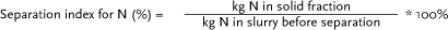 Formel: Separation index for N (%) = (kg N in solid fraction / kg N in slurry before separation) * 100%