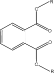 Figure 2.1 General structural formula of ortho-phthalates. R can be linear alkyl groups or aryl groups with an aromatic ring.