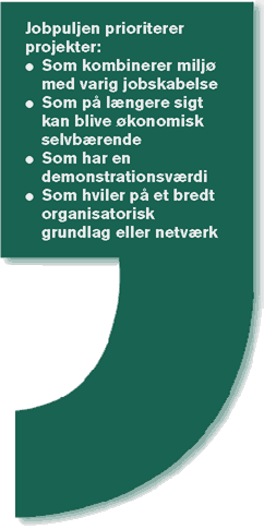 Jobpuljen prioriterer projekter: Som kombinerer milj med varig jobskaffelse, Som p lngere sigt kan blive konomisk selvbrende, Som har en demomstrationsvrdi, Som hviler p et bredt organisatorisk grundlag eller netvrk.