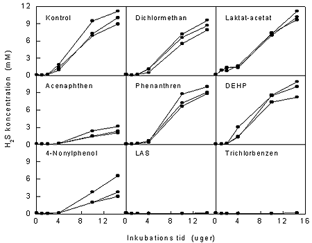 Figur 2-3. Tidsforlb af sulfat-reduktion i kontrolprver (verste rkke) og i prver med tilsatte fremmedstoffer (nederste to rkker).