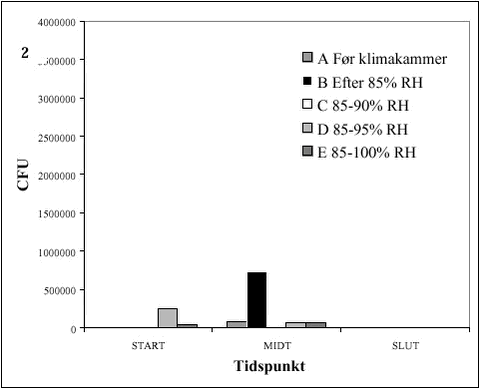 Fig. 4 viser de fundne CFU-værdier på planterne og Fig. 5 viser de fundne CFU-værdier på pottejordoverfladen. Af Fig. 4 fremgår det, at dypning af stiklingerne i sporesuspensionen resulterer i ca. 30 gange så høje CFU-værdier