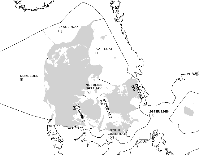 Figur 8.1 De ni danske farvandsomr&aring;der, hvortil der bestemmes belastning.