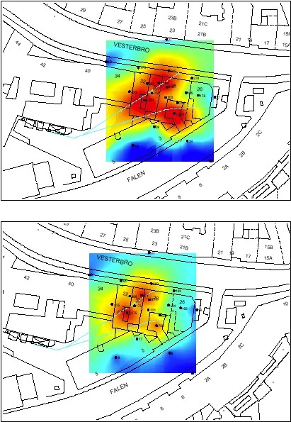 Figur 5.4 Influensradius. Øverst Vakuummålinger den 30. marts 2002 under den kolde ventilation og nederst under dampinjektion den 21. juni 2001. 0-20 = blå, 20-100 = tyrkis, 100-300 = gul, 300-600 = orange, >600 = rød. Enhed er pascal.