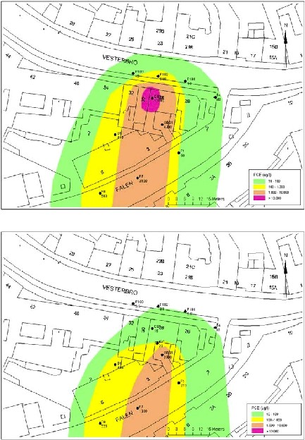 Figur 6.2 Forureningsudbredelse i grundvandet før oprensning (øverst) og efter 14 måneders drift (nederst).