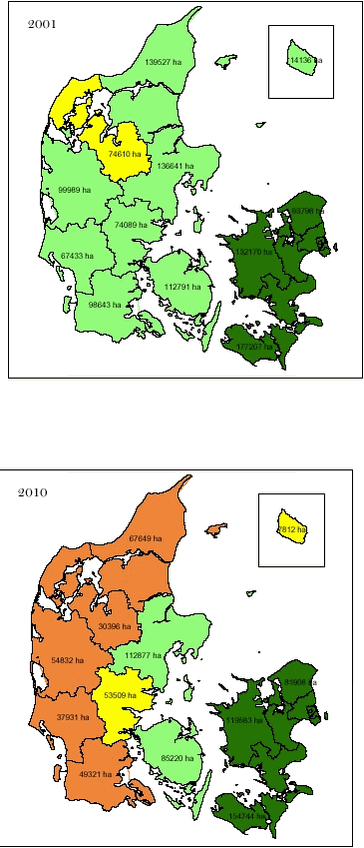 Figur 1 Overskydende udbringningsarealer efter udkørsel af husdyrgødning for hhv. 2001 og 2010.