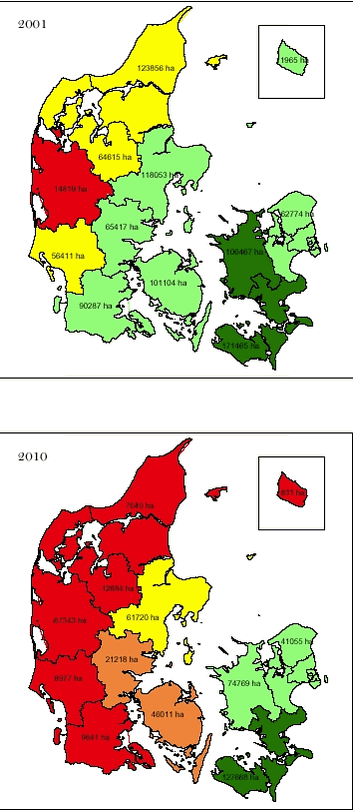 Figur 2 Overskydende udbringningsarealer efter udkørsel af husdyrgødning og produkter under slambekendtgørelsen for hhv. 2001 og 2010.
