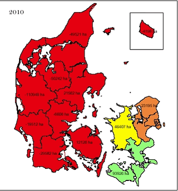Figur 3  Overskydende udbringningsarealer efter udkørsel af husdyrgødning, p under slambekendtgørelsen og kategori II og III p rodukter rodukter for 2010.