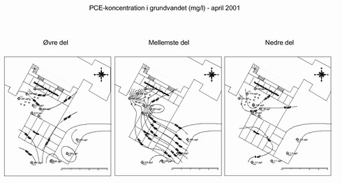Klik på billedet for at se html-version af: ‘PCE-koncentration i grundvandet (mg/l) - april 2001 ‘