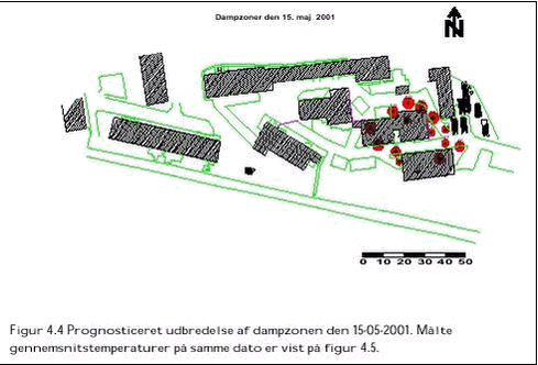 Figur 4.4 Prognosticeret udbredelse af dampzonen den 15-05-2001